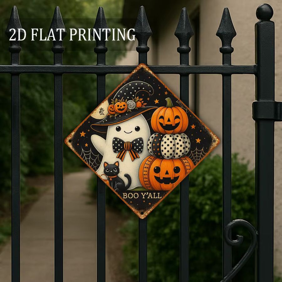 HELLOYOUNG Halloween Kürbisschild aus Aluminiummetall im Vintage-Design für die Gartendekoration im Außenbereich, Durchmesser: 20,3 cm - Bild 3