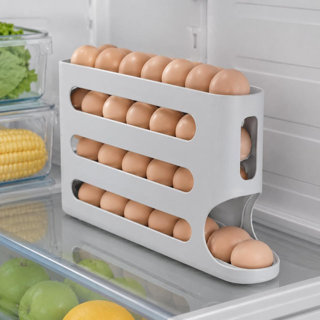 WIKHOSTAR Eierregal mit 4 Ebenen für den Kühlschrank, automatischer Eierspender und Organizer aus Kunststoff, Grau, BPA-frei - Bild 1
