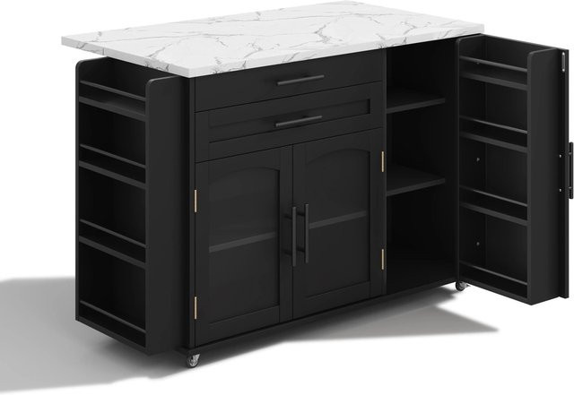 okwish Kücheninsel Schwarz mit klappbarer Arbeitsplatte und Gewürzregal, B/T/H: 120 x 45 x 90 cm - Bild 1