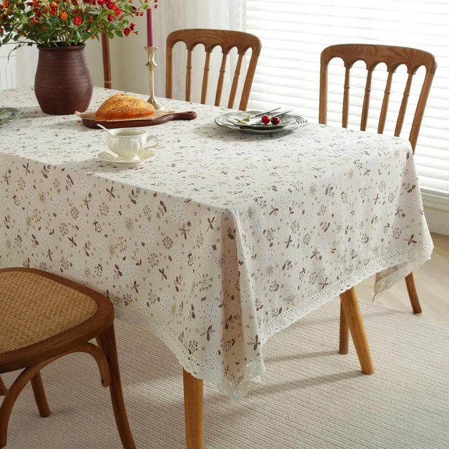 Vintage Tischdecke von Super Six aus Baumwolle und Leinen mit Blumenmuster und Quasten in Weiß, B/T: 140 x 180 cm - Bild 1