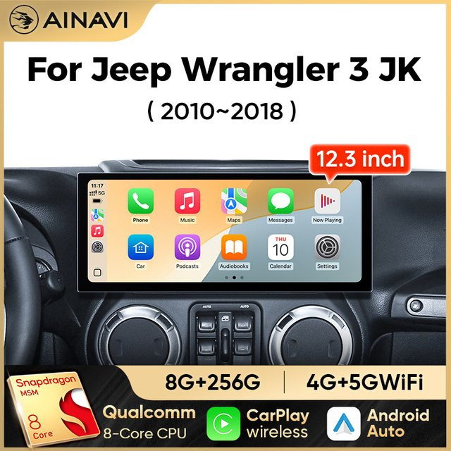 Ainavi Android Autoradio für Jeep Wrangler JK mit 12,3 Zoll Display, Bluetooth, GPS und Carplay, Schwarz - Bild 1