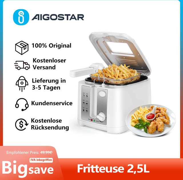 Aigostar Fritteuse mit Öl, 1650W, 2,5 l mit Sichtfenster und Temperaturregelung, Weiß - Bild 1