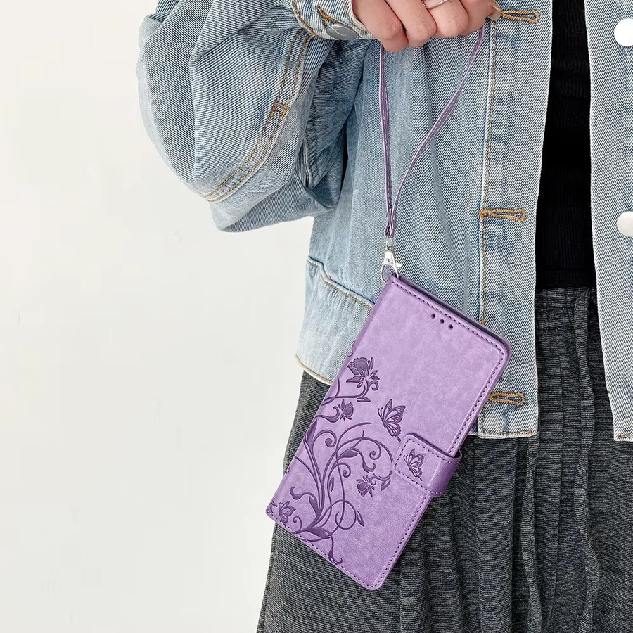 Samsung Flip-Cover Handyhülle mit Schmetterlings-Prägung und Magnetschnalle für Galaxy A55 A35 A15 A25 A54 A34 A24 A14 A53 A33 in Gold und Purple - Bild 4