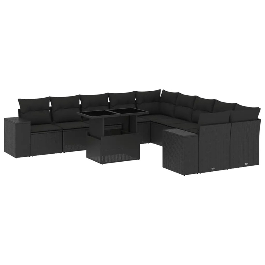 vidaXL 11-tlg. Garten-Sofagarnitur in U-Form aus schwarzem Poly-Rattan mit Kissen und pulverbeschichtetem Stahlrahmen - Bild 2