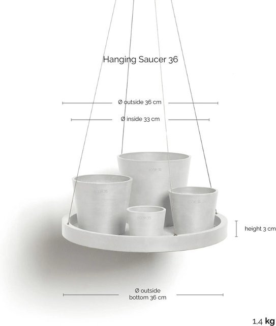 Ecopots Hängender Pflanzenhalter aus recyceltem Kunststoff in Weiß, Durchmesser: 36 cm, Höhe: 3 cm - Bild 1