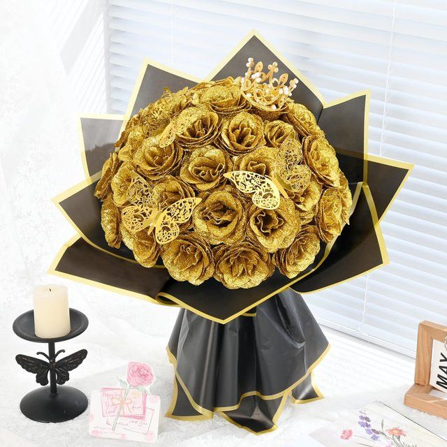 12 Stück glitzernde künstliche Rosen von MUFU in Gold für DIY-Blumensträuße und Dekorationen zu Hochzeit, Jahrestag oder Valentinstag - Bild 1