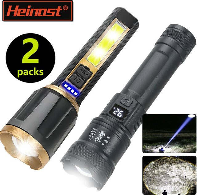 Heinast Taktische LED-Taschenlampe aus Metall mit USB-Ladefunktion und Teleskop-Zoom in Schwarz - Bild 1