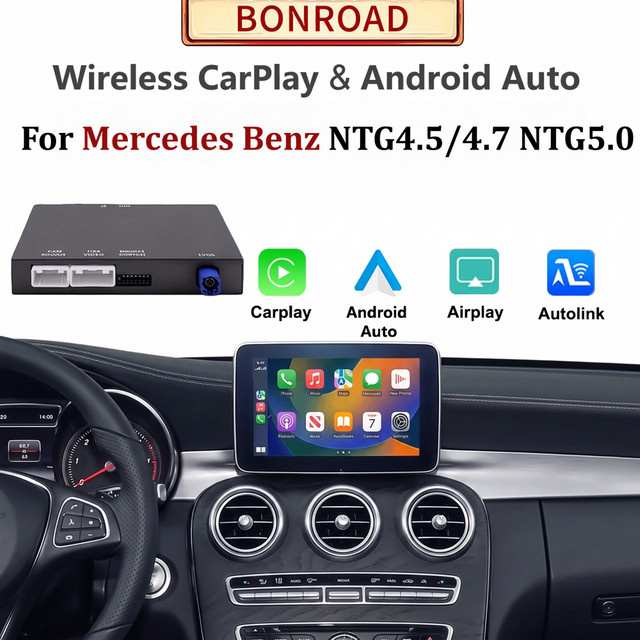 BONROAD Kabelloses CarPlay und Android Auto Navigationsmodul für Mercedes Benz A B C E Klasse GLA CLA GLC GLK NTG4.5 NTG4.7 NTG5.0 in Schwarz mit Wi-Fi und Bluetooth - Bild 1