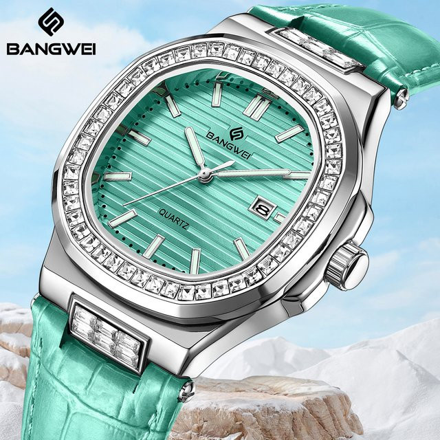 BANGWEI Armbanduhr, Quarz, Tonneau, Diamantbesetzt, Leder, Damen - Bild 1