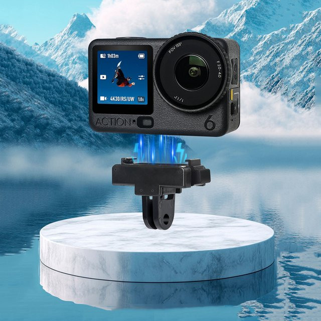 Magnetische Schnellwechsel-Adapterbasis für DJI Osmo 360 II, Nano und Action 6 in Schwarz mit stabiler Zweiklauen-Montage und faltbarer Basis - Bild 1