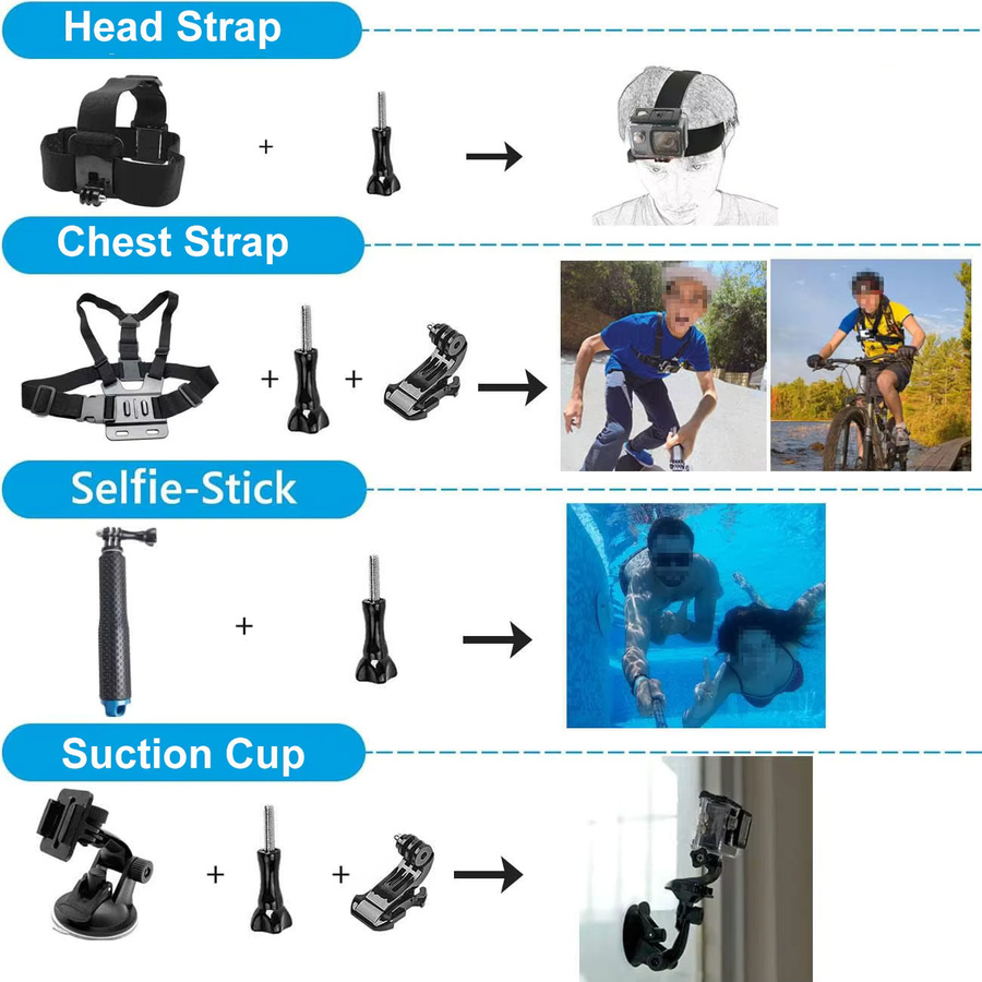 BMUUPY Zubehör-Set für GoPro Hero 13 Black in Schwarz mit wasserdichtem Gehäuse, Displayschutz, Halterungen, Selfie-Stick, Mini-Stativ, Filtern und Tragetasche - Bild 5