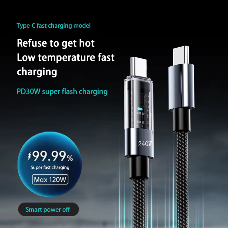 240W USB Typ-C Ladekabel aus Nylon mit LED-Digitalanzeige in Schwarz für Samsung, Xiaomi und Huawei - Bild 3