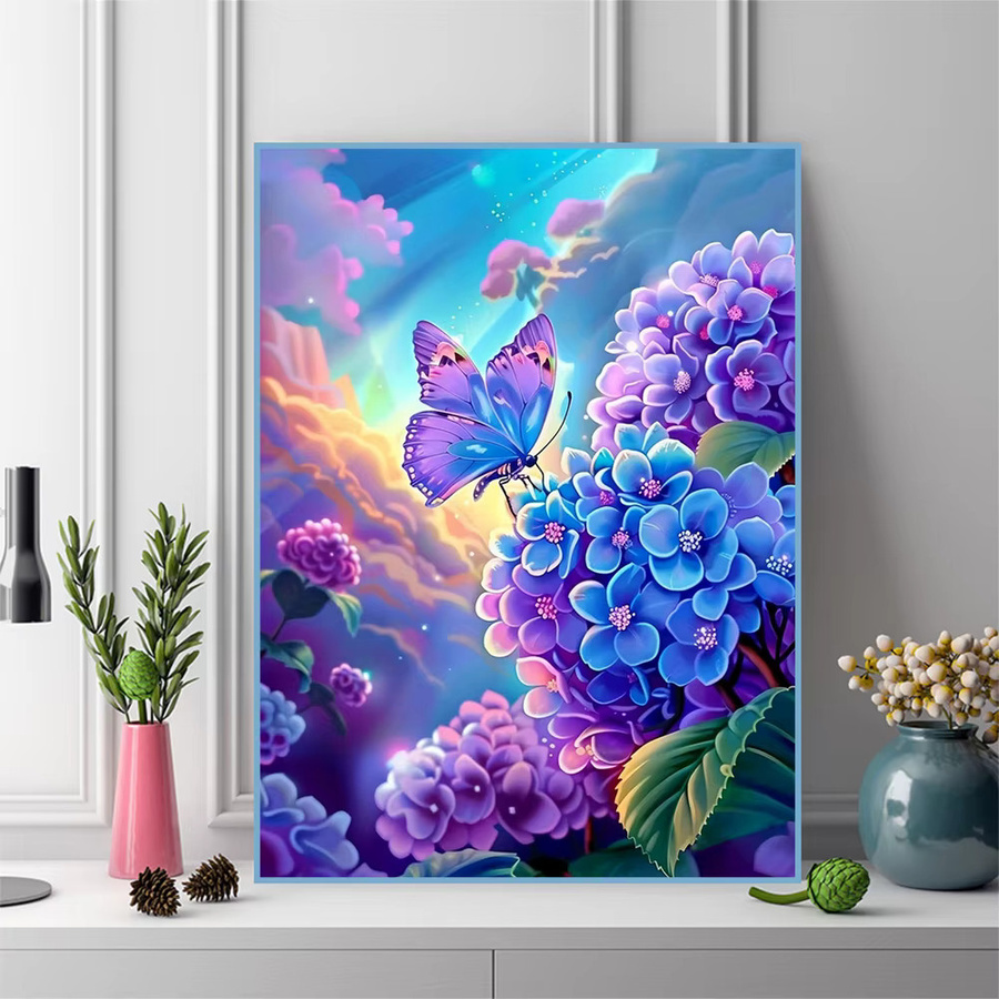EverShine Diamant-Mosaik Blumenbild Hortensien und Schmetterling, handgemachtes Strass-Bild in Mehrfarbig, B/H: 30 x 30 cm - Bild 3