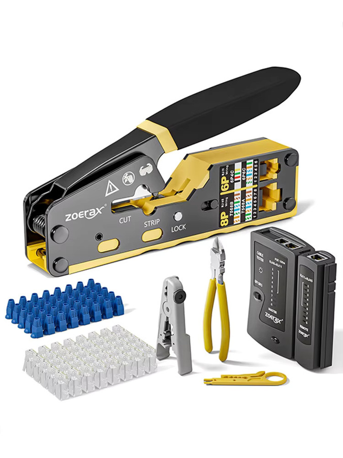 ZOERAX 8-in-1 Netzwerk-Crimp-Tool-Kit für RJ45 CAT6 CAT5E Ethernet/LAN mit Tester, Abisolierer und Zubehör in Multicolour - Bild 3