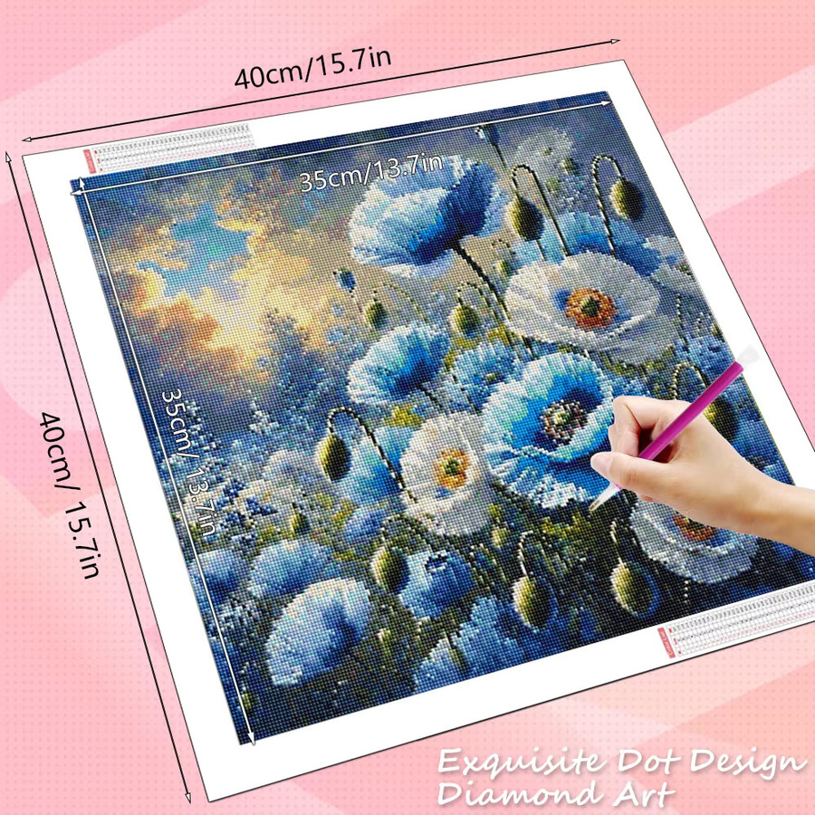 HUACAN Diamond Painting Set Mohnblumen Blumenfeld Landschaft 5D DIY Wandbild in Rot und Blau - Bild 2