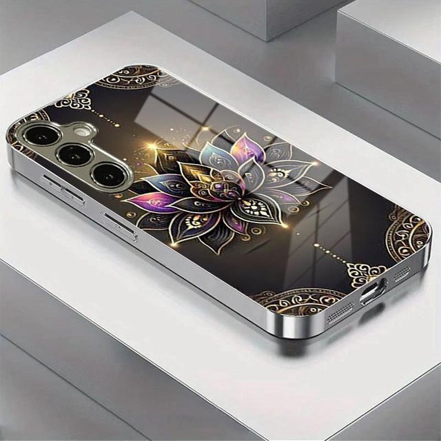 Handyhülle mit Mandala Lotus Muster in Silber für Samsung Galaxy S26 S25 S24 S23 Ultra Plus FE mit gehärtetem Glas Cover - Bild 1