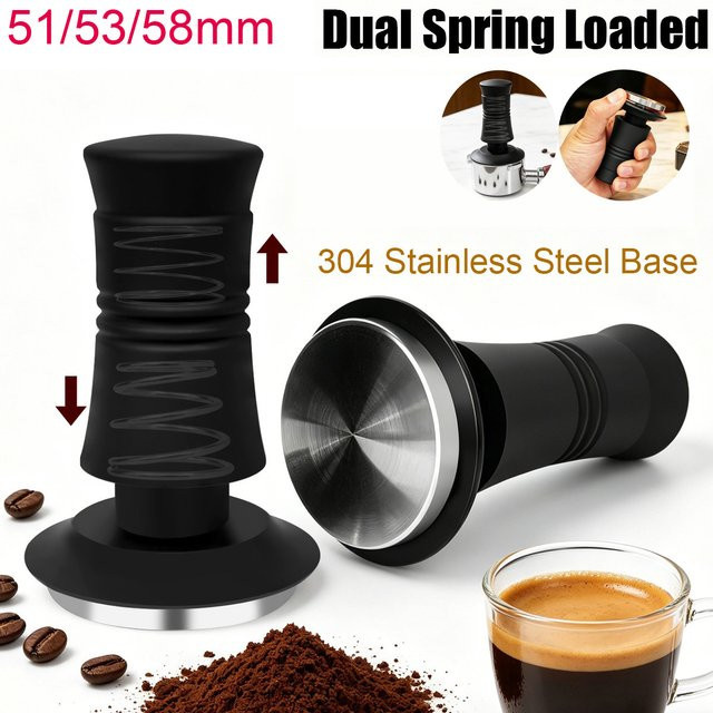 XINGZHAOHOME Kalibrierter Espresso-Tamper mit Doppel-Federung aus Edelstahl in Schwarz für 51 mm, 53 mm und 58 mm Siebträger - Bild 1