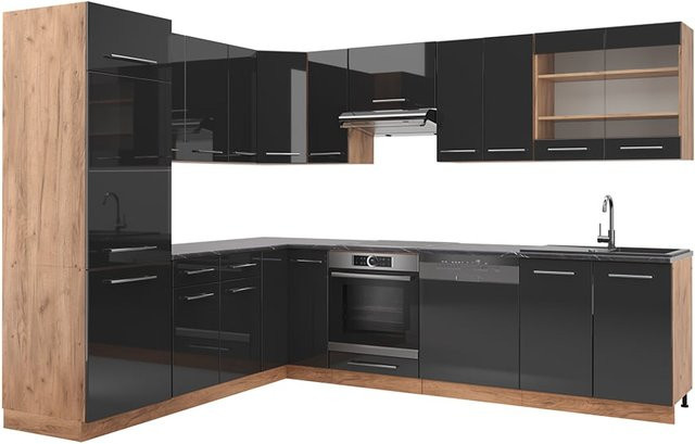 Vicco Eckküche Fame-Line Einbauküche in Eiche und Anthrazit mit Glastüren und Soft-Close-Funktion B/T/H: 227 x 60 x 268 cm - Bild 1