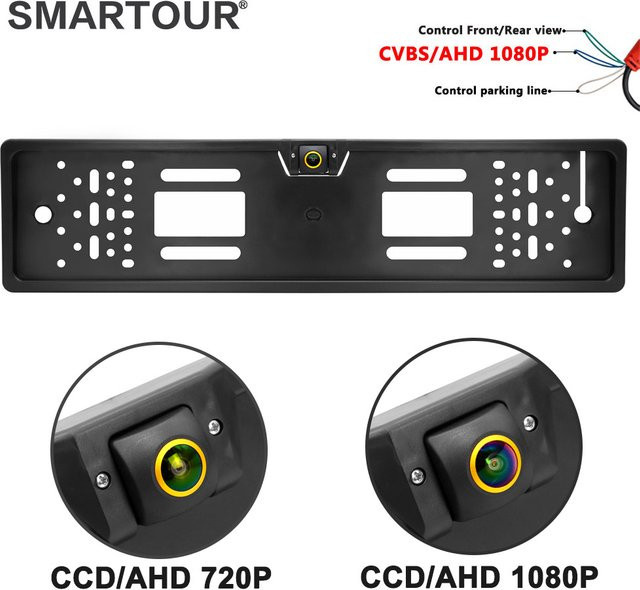SMARTOUR Rückfahrkamera Full HD AHD 1080P mit 180 Grad Fisheye-Objektiv und Kennzeichenrahmen in Gold und Schwarz für europäische Fahrzeuge - Bild 1