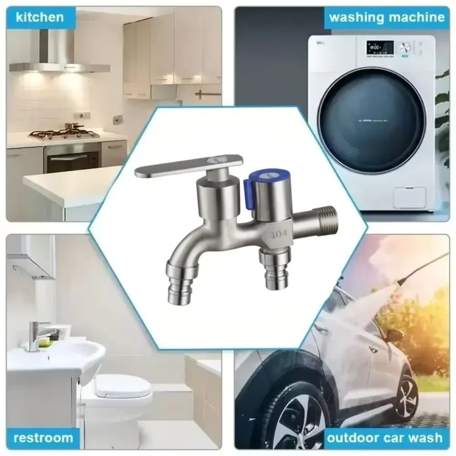 Doppel-Wasserhahn aus Edelstahl mit Dual-Auslass in Silber für Garten und Pool - Bild 2