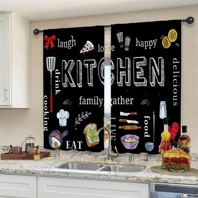 Minimalistische Vorhänge mit Messer und Gabel Motiv von Household supplies MH, 2er-Set, Schwarz, halbtransparent, Polyester, Breite: 50 cm, Höhe: 130 cm - Bild 1