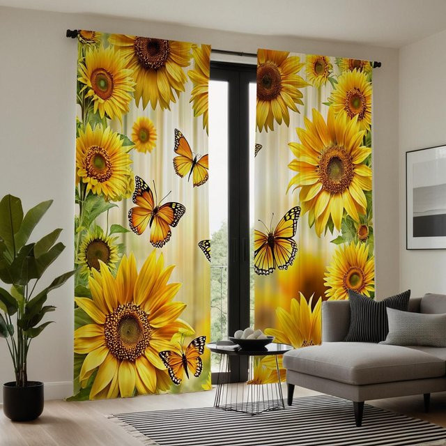 2er-Set MH Vorhang mit Sonnenblumen und Schmetterling in Gelb, halbtransparent mit Bindeband, B: 132 cm, H: 160 cm - Bild 1
