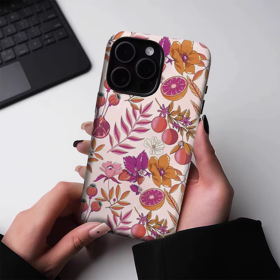 Robuste zweilagige Handyhülle mit Frucht- und Blumenmuster für iPhone 17 16 15 14 13 Pro Max Plus, Pink/Mehrfarbig, Magnetisch kompatibel - Bild 3