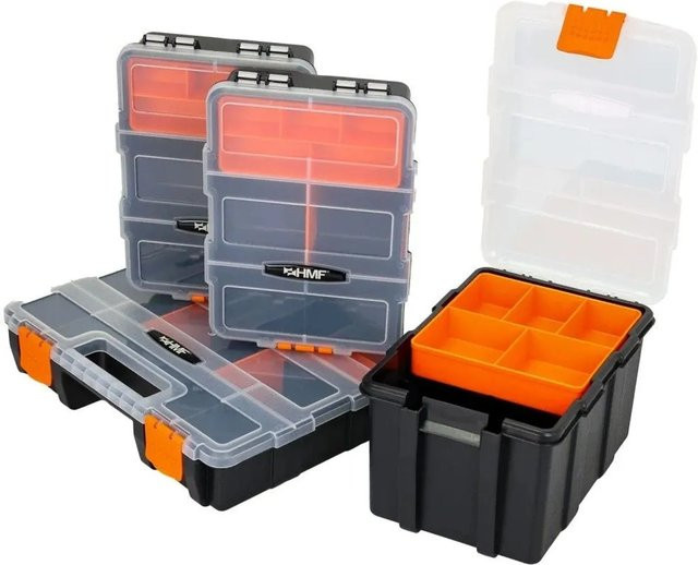 HMF STK301-18 Sortierbox 4-teilig aus Kunststoff in Schwarz Orange Transparent zur Aufbewahrung von Werkzeug und Kleinteilen - Bild 1
