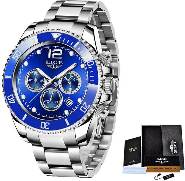 LIGE Chronograph, Quarz, Edelstahl, silber/blau, Herren - Bild 1