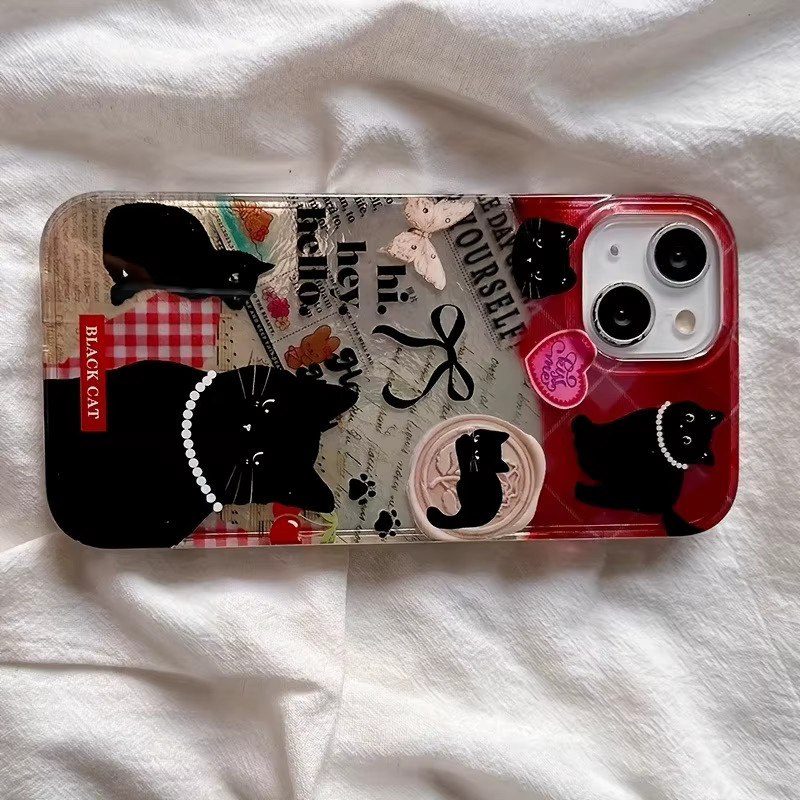 Schwarze Handyhülle mit Katzenmuster und Perlen-Lanyard für iPhone 11 bis iPhone 17 Pro Max und weitere Modelle - Bild 4