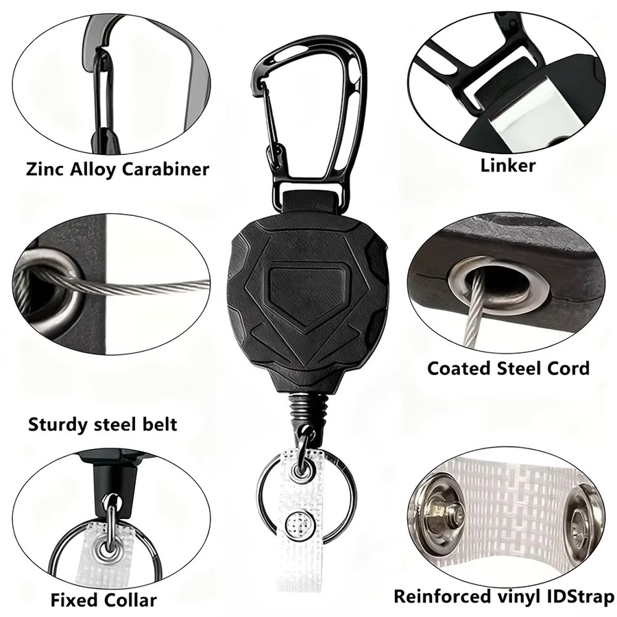 Einziehbare Abzeichenrolle mit Karabiner und Clip für ID-Karten und Kreditkarten, Schwarz - Bild 3