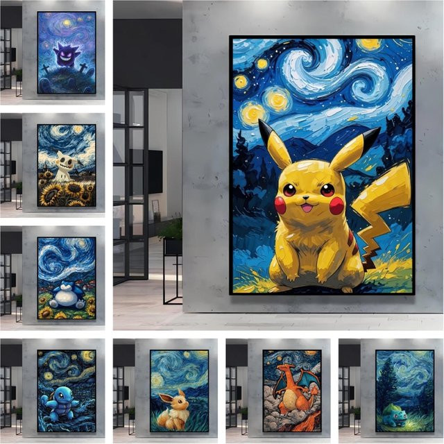TAKARA TOMY Pokemon Pikachu Wanddekoration im Van-Gogh-Stil, Multicolor, Wandmontage - Bild 1