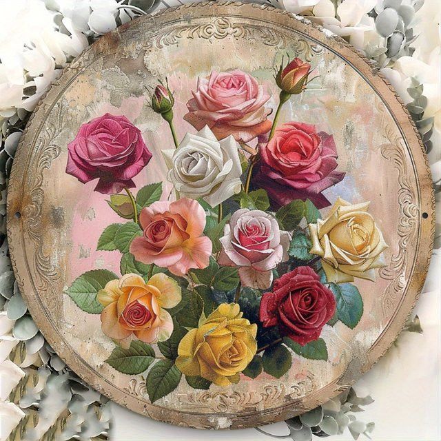 Vintage-Rosen-Wanddekoration aus Aluminium im Victoria-Stil von CIFBUY, Multicolor (Rot, Weiß, Gelb), B/H: 20,3 x 20,3 cm - Bild 1