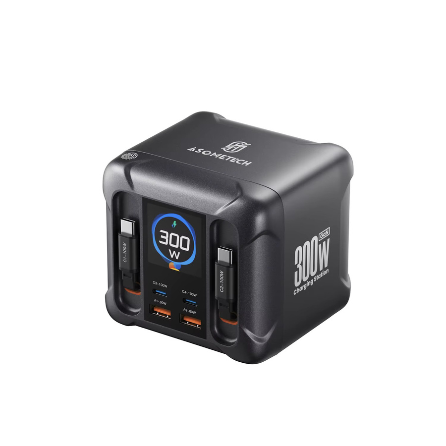 ASOMETECH 300W GaN USB-Ladestation in Schwarz mit LED-Anzeige und einziehbarem USB-C-Kabel, 100W 65W PD3.0 PPS Schnellladegerät für Macbook und Samsung - Bild 6