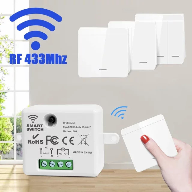 GGBEE Kabelloser intelligenter Lichtschalter RF 433 MHz Wandpaneelschalter mit Fernbedienung, 10A, 220V, Farbe: Weiß - Bild 1