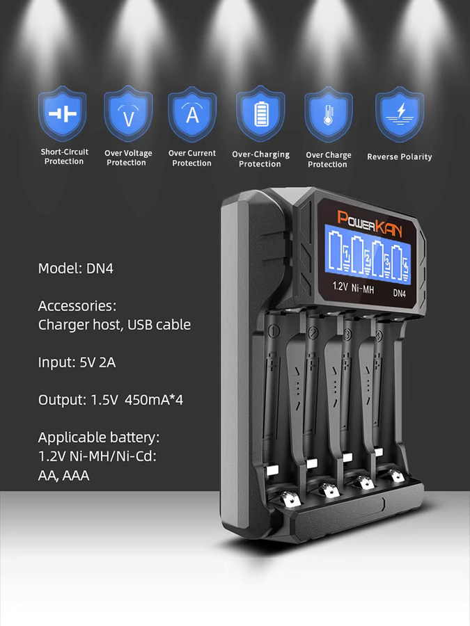 POWERKAN DN4 Batterieladegerät mit LCD-Anzeige für 1.2V Ni-MH AA AAA Akkus, 4 Schächte, USB-C Anschluss - Bild 7