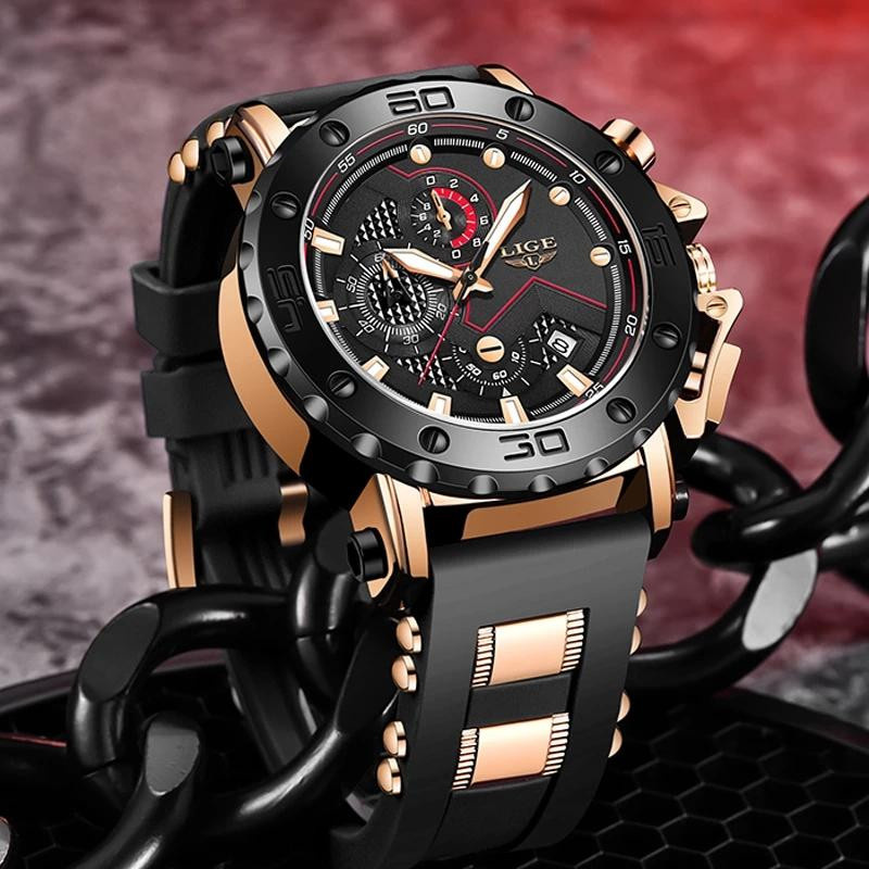 LIGE Armbanduhr, Digitaluhr, Quarz, Edelstahl, Silikon, Schwarz/Gold, Herren - Bild 2