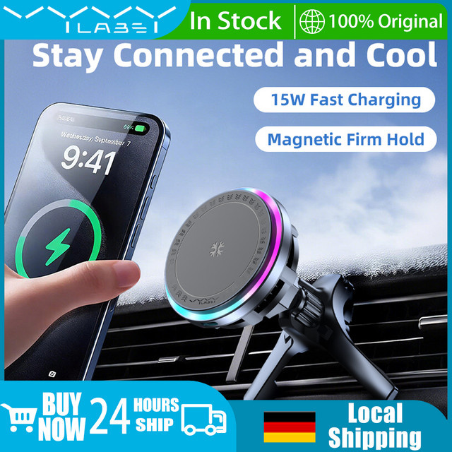 Vyvylabs Magnetische kabellose Handyhalterung mit RGB-Beleuchtung und Kühlung, 15W Autoladegerät für iPhone und Android, Schwarz/Multicolor - Bild 1