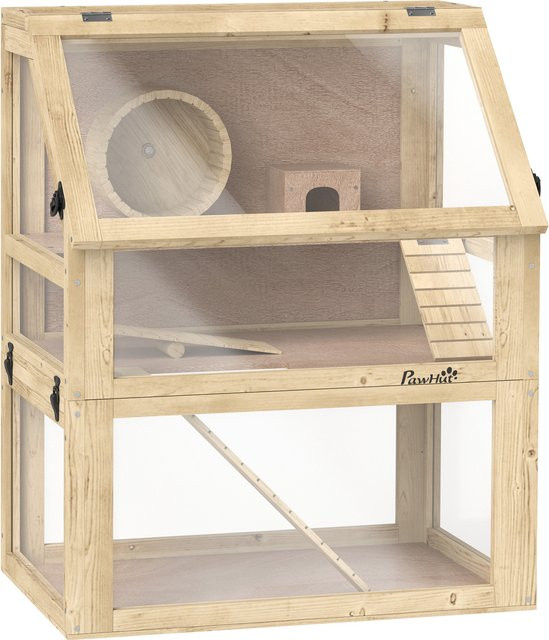 PawHut Hamsterkäfig aus Holz in Naturholz, 3-stöckiger Kleintierkäfig mit Häuschen, Schaukel, Laufrad und Rampen, B/T/H: 60 x 40 x 75 cm, Marke Aosom - Bild 1