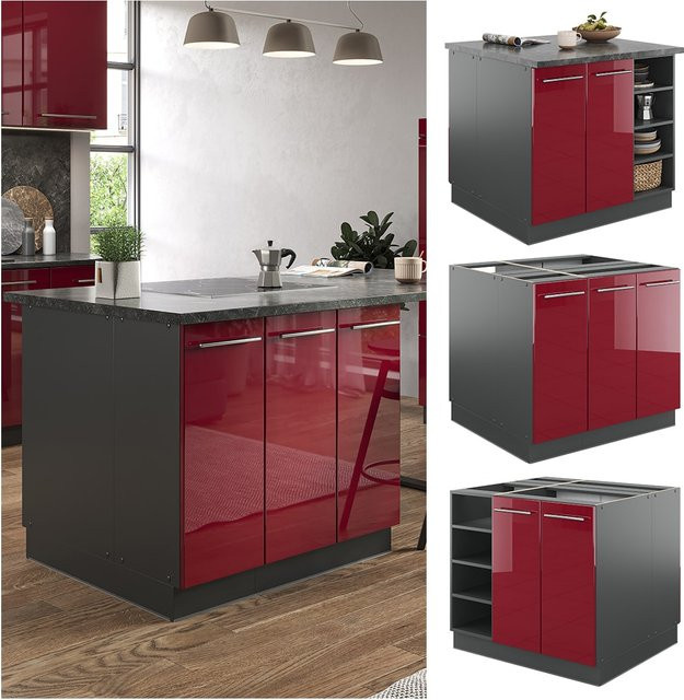 Vicco Kücheninsel Fame-Line Küchenblock in Anthrazit und Bordeaux Rot mit Hochglanz-Finish und Softclose-Scharnieren, Breite: 90 cm - Bild 1