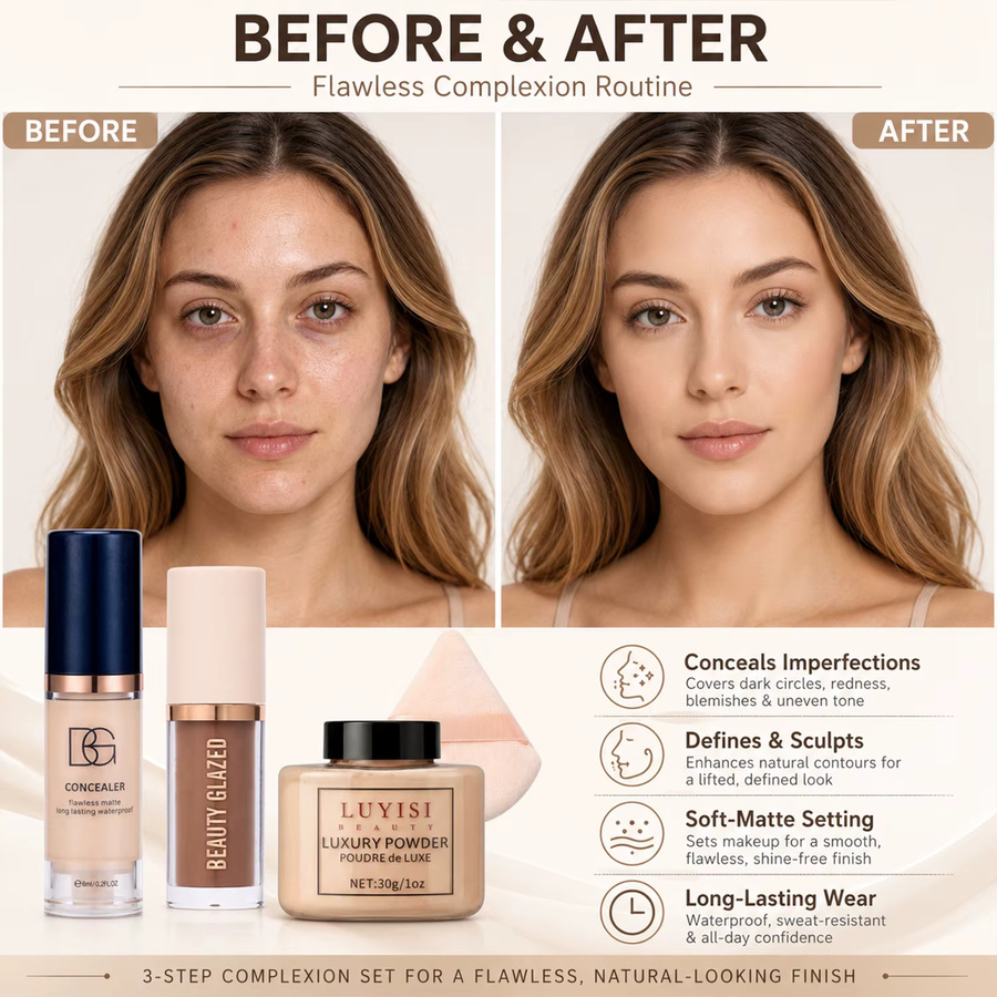 4-teiliges Set Concealer, Konturierungspuder & Puderquaste, Matt-Effekt - Bild 2