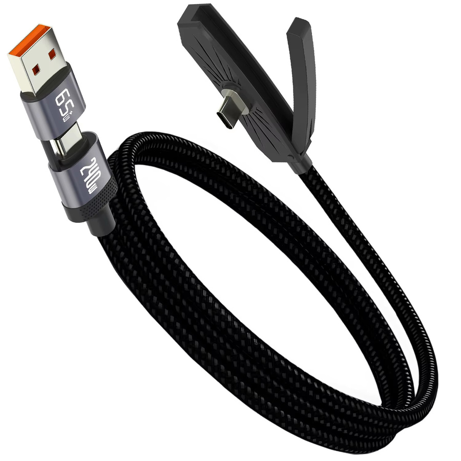 BESY 2-in-1 USB und Typ-C 240W Schnellladekabel mit faltbarem Handyständer in Schwarz - Bild 4