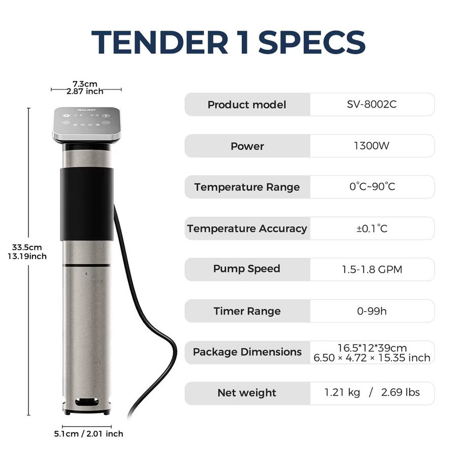ROUNY Tender 1 Sous-Vide-Garer in Schwarz, 1300W IPX7 wasserdichter Tauchzirkulator mit Touch-Steuerung und Timer - Bild 6