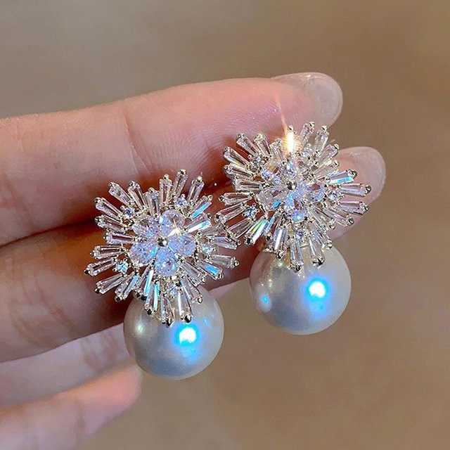YIRAN Jewelry Ohrringe, CZ Blume, Imitationsperlen, grau, Damen - Bild 1
