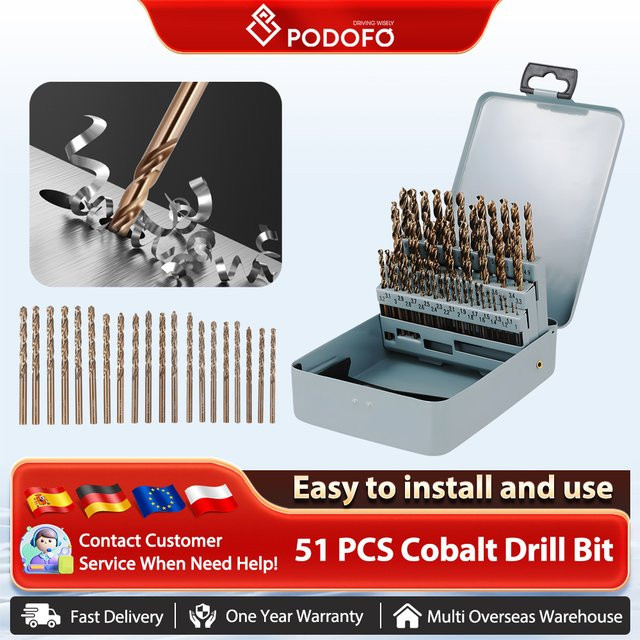 Podofo 51-teiliges Kobalt Bohrer Set aus HSS-Co M35 mit Jobber Länge für Edelstahl, Metall und Holz, 1-6 mm - Bild 1