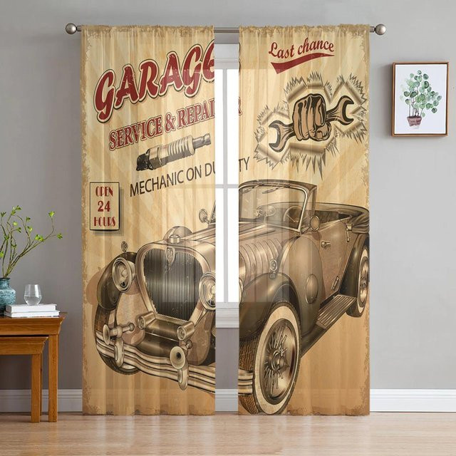 Yiran Furniture Retro-Tüllvorhang mit Autoflügel-Symbol, transparenter Voile-Vorhang für Wohnzimmer und Schlafzimmer, B: 135 cm, H: 115 cm - Bild 1