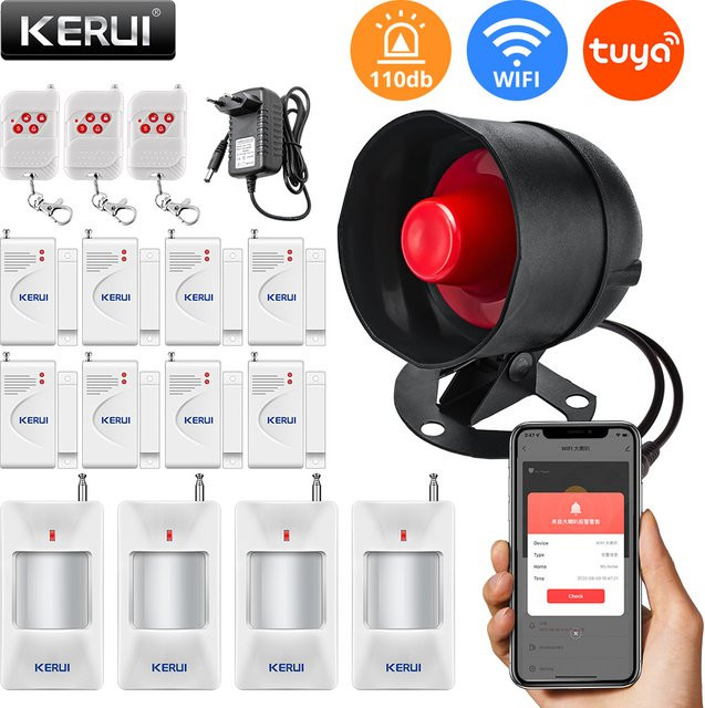 Kerui Tuya Wifi Alarmsystem mit lauter Sirene, Tür- und Fenstersensor sowie Bewegungsmelder in Weiß - Bild 1