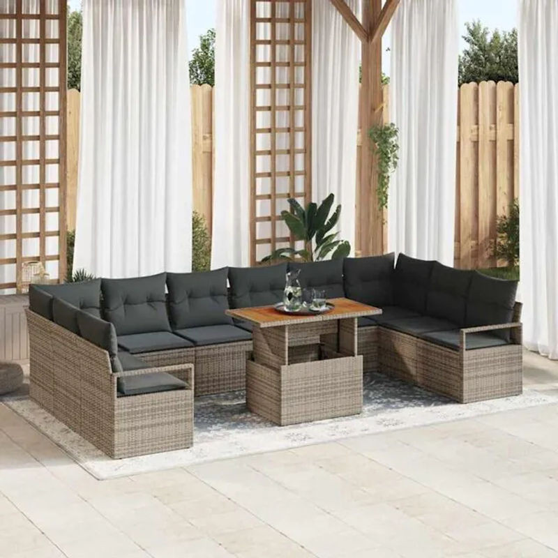 Vidaxl Garten-Sofa-Set aus Polyrattan und Akazie mit 11-teiligem Kissen-Set in Grau und Braun, B/T/H: 100 x 55 x 73 cm - Bild 1