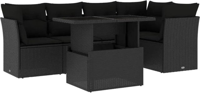 vidaXL 6-teilige Garten-Sofagarnitur in L-Form aus Poly-Rattan mit Kissen, Schwarz - Bild 1