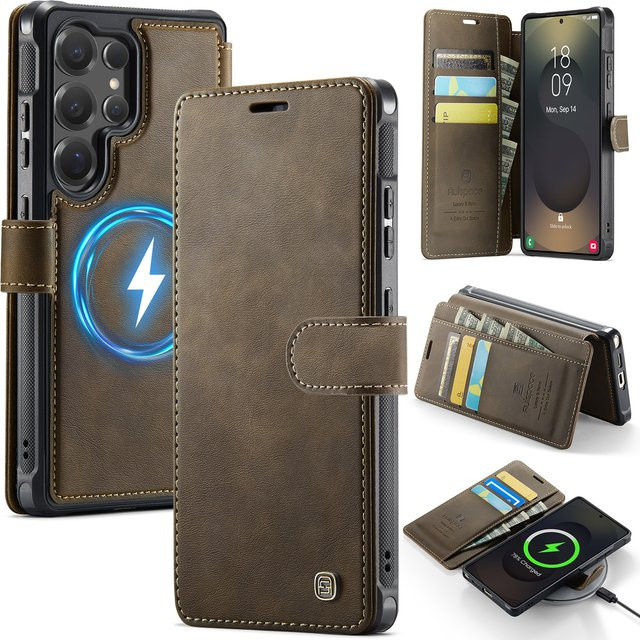 szHAIyu MagSafe Kartenfach Flip Cover für Samsung Galaxy S26 Ultra S25 Edge S24 FE Plus Magnetische Brieftaschen-Handyhülle aus PU-Leder in Braun - Bild 1